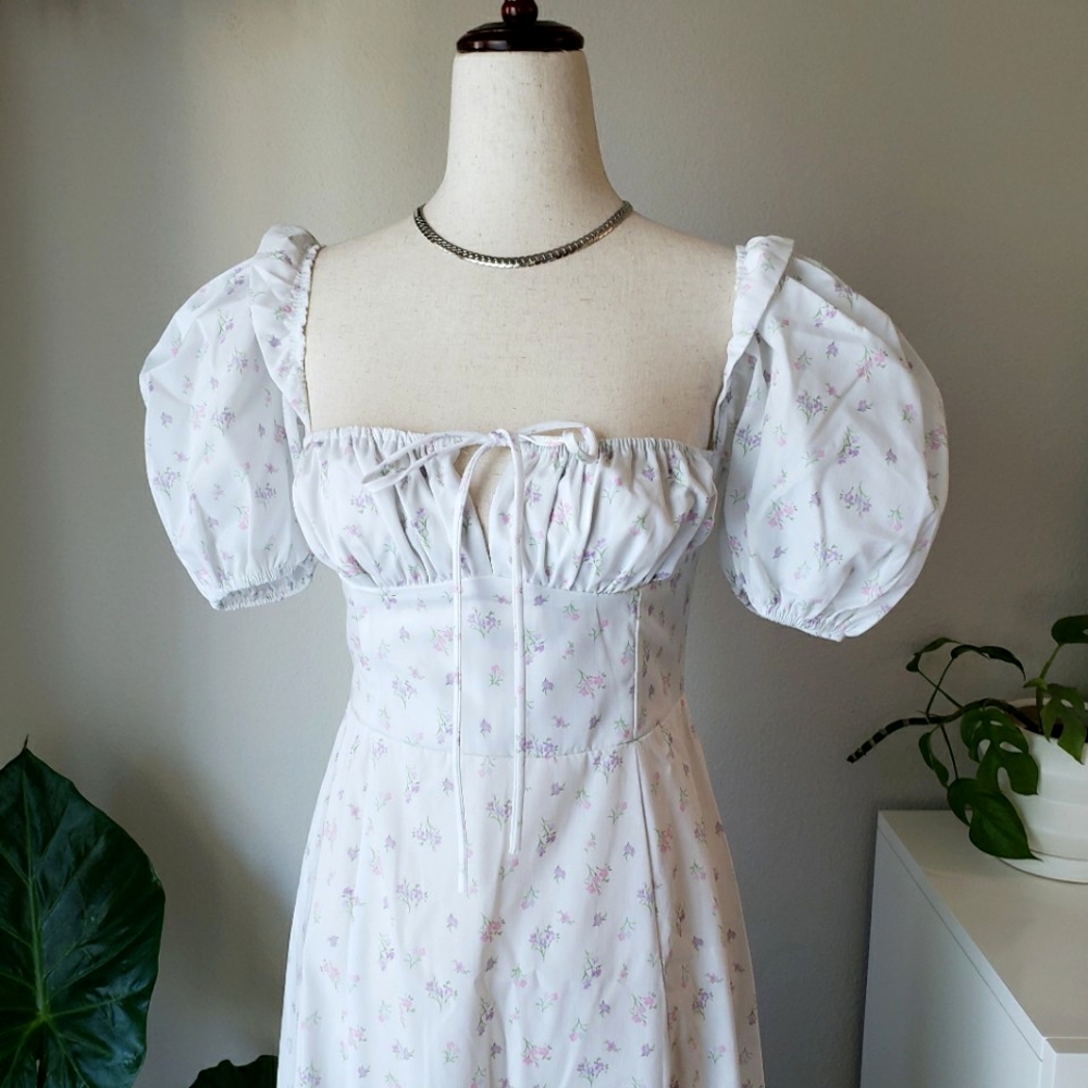 White Floral Print Puff-Sleeve Square Neck Midi Maxi Dress - Picture 4 of 12
